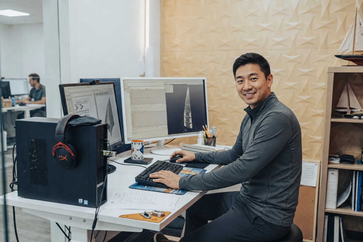 A sail designer working at a dual-monitor workstation