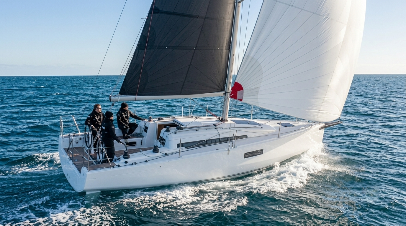 Performance yacht sailing with a black mainsail and white spinnaker