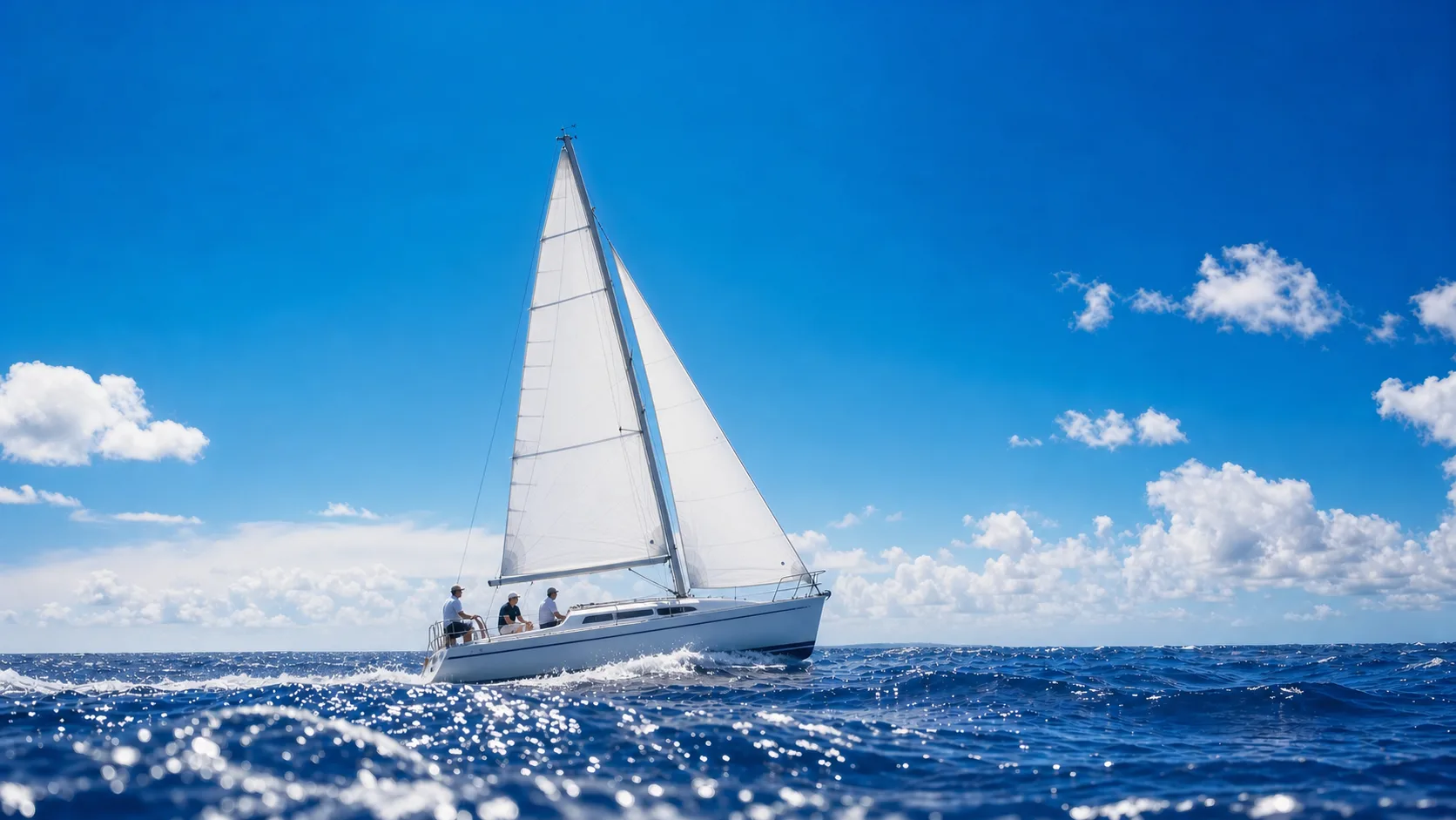 Cruising yacht sailing on bright blue open water