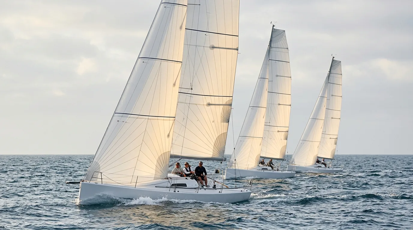A fleet of white yachts sailing in open water