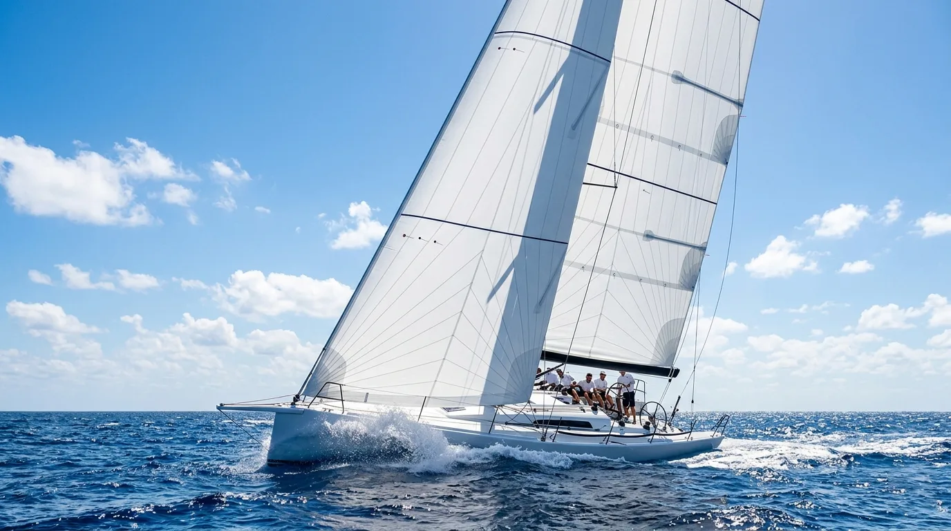 A white yacht driving through open water under full sail