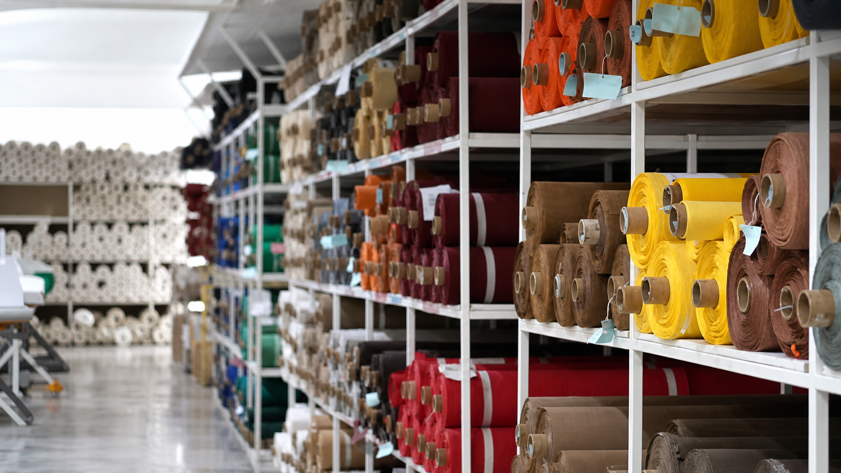 Organized sailcloth rolls in the SurgeSails material inventory