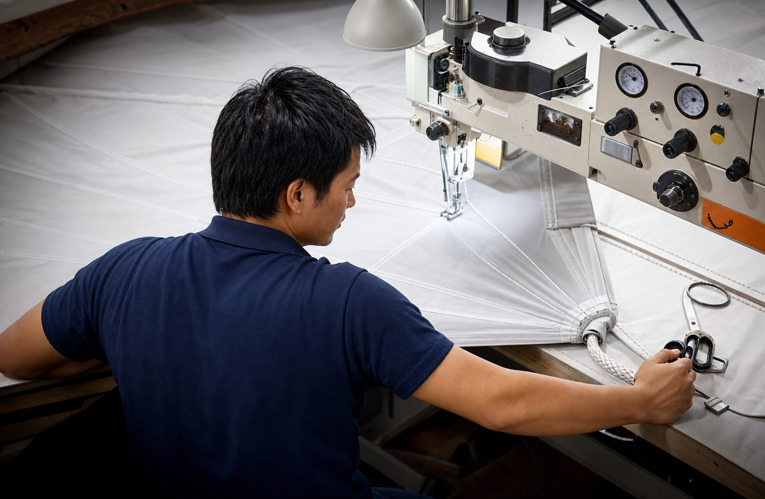 Sailmaker checking clew hardware and reinforced stitching on white sailcloth
