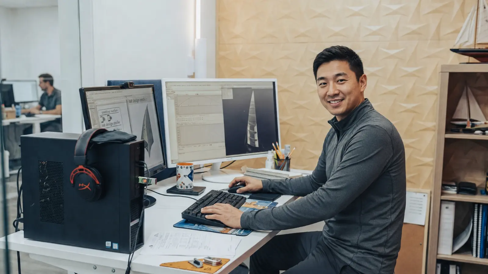A sail designer reviewing sail shape and design data at a workstation