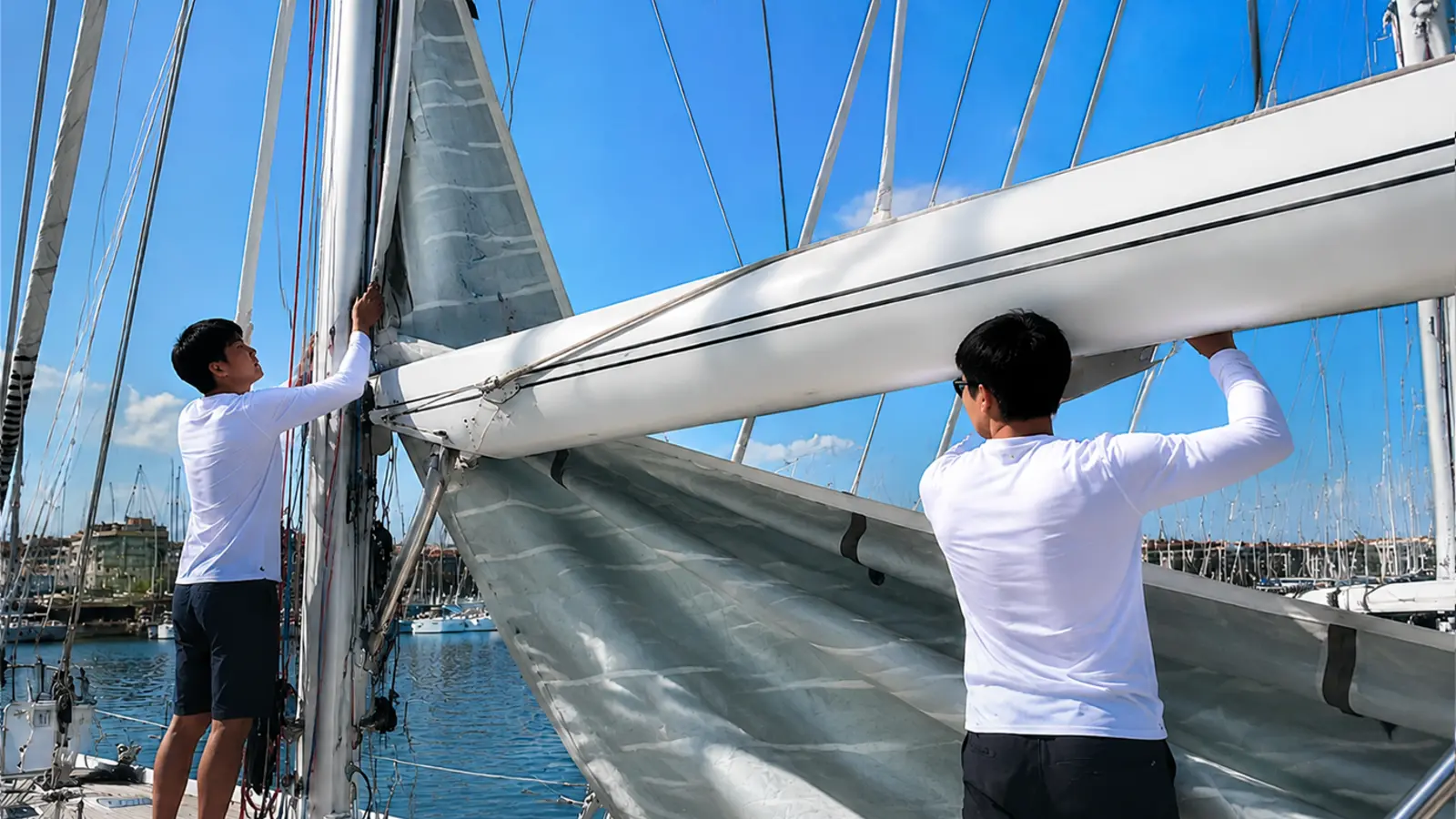 Two crew members inspecting a mainsail and boom aboard a yacht