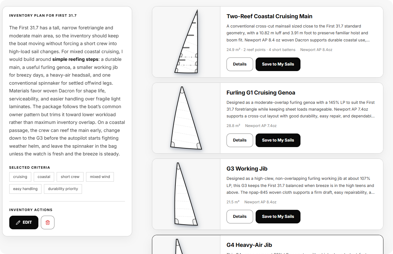 AI sail inventory detail page for a First 31.7, showing the inventory strategy, selected criteria and recommended sails with rendered previews