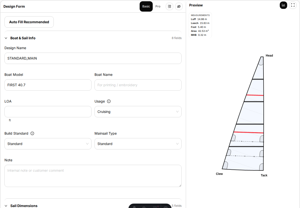Basic Designer with sail choices, preview and live sail price