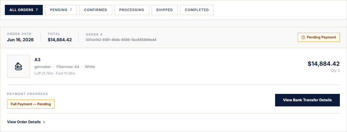 Order record showing payment and order progress