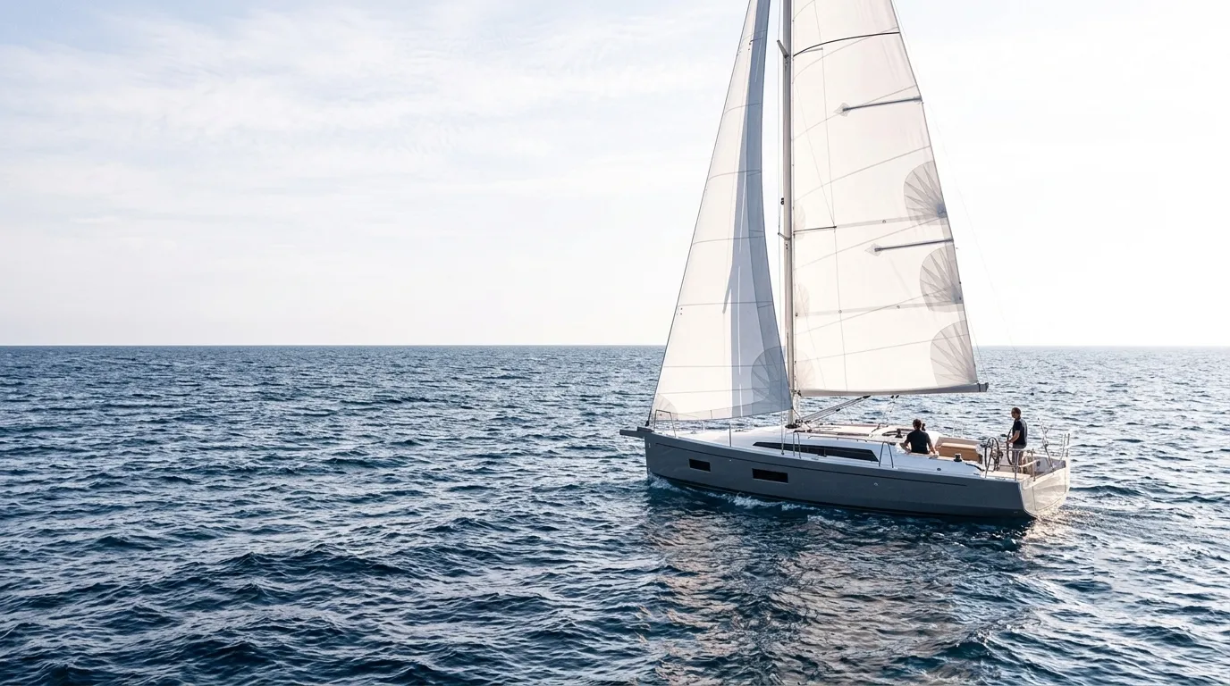 A cruising yacht under mainsail and headsail offshore