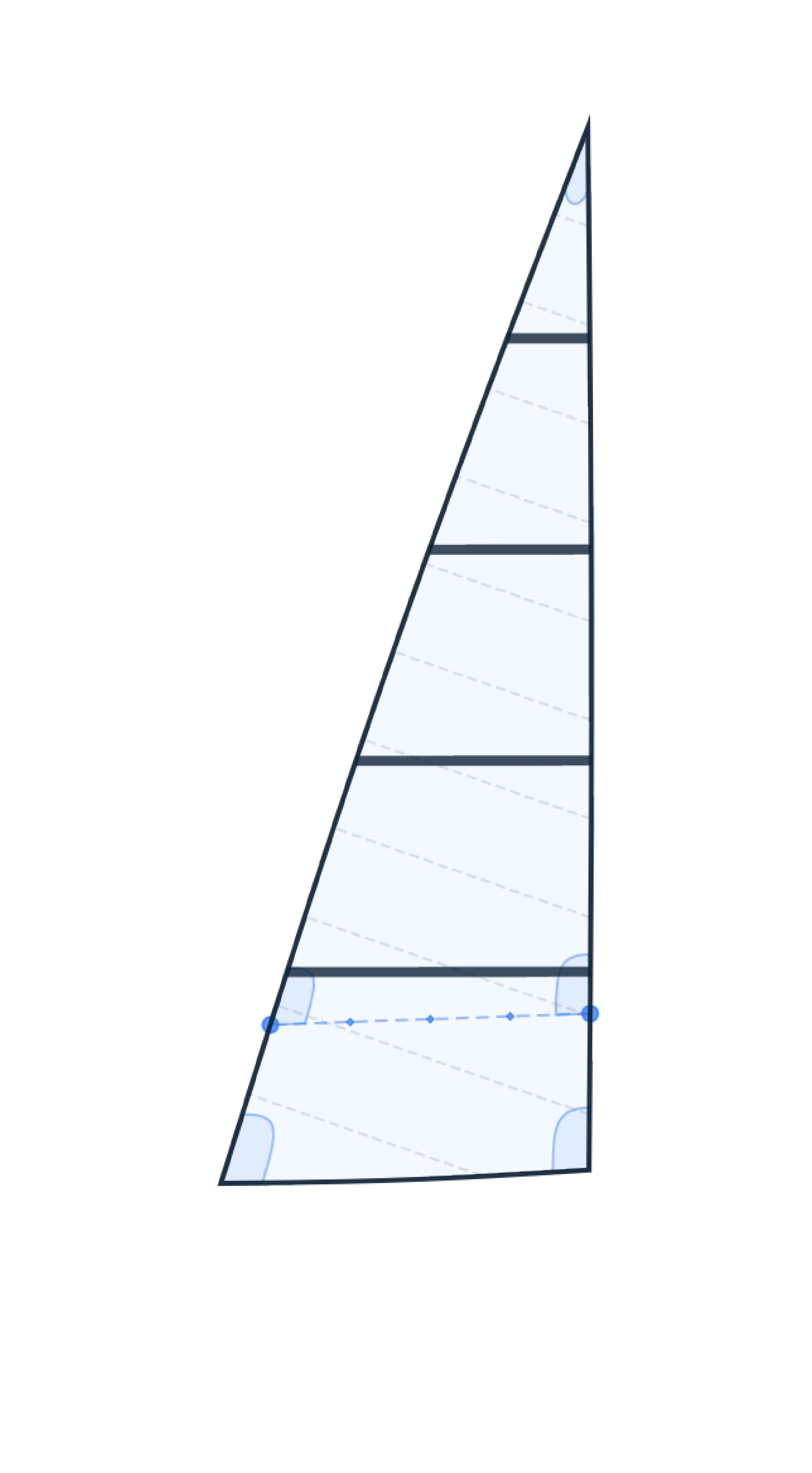 Mainsail plan — head, tack, clew, and the roached leech carried by full-length battens