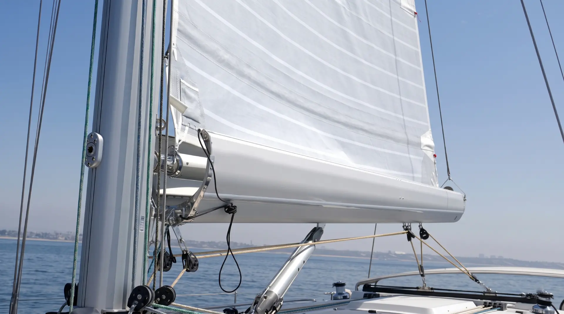 Close view of an in-boom furling sail entering the boom feeder