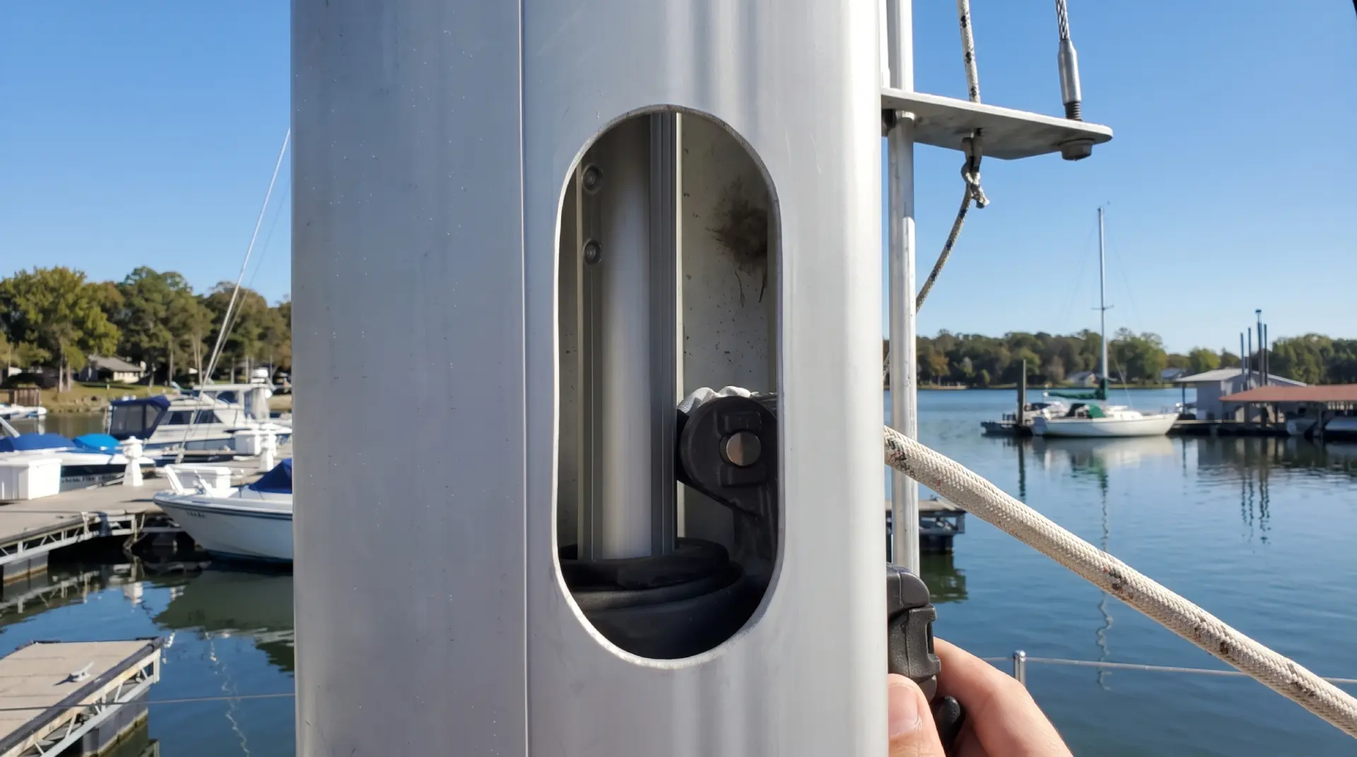 Close view through a mast opening showing the in-mast furling foil