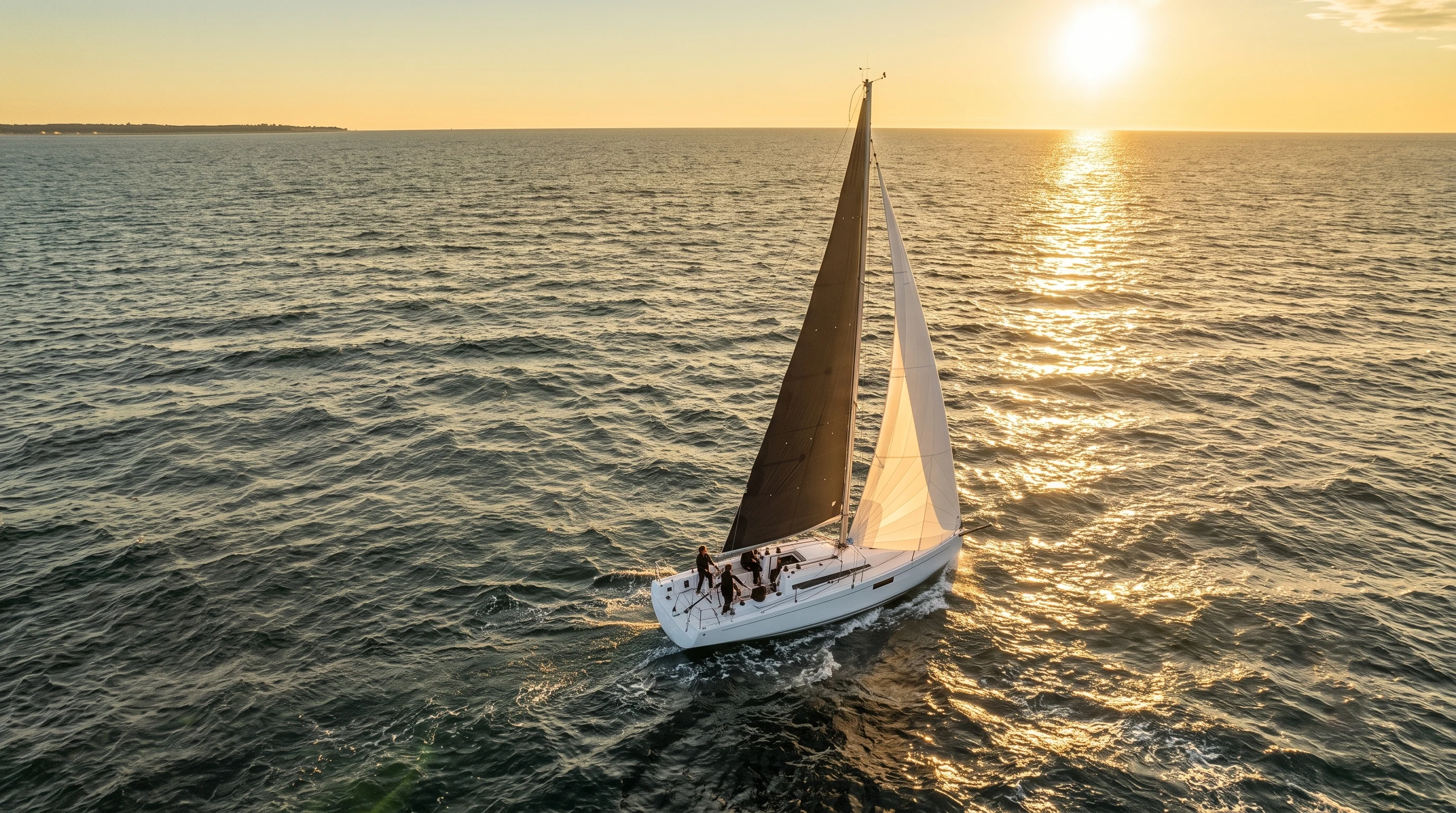 Aerial view of a cruising yacht sailing at sunset