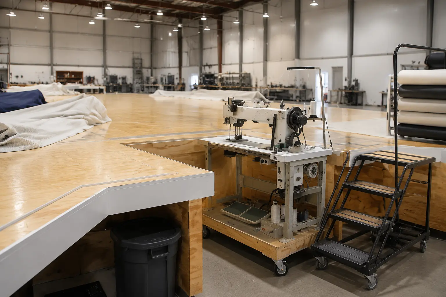 Industrial sailmaking loft with a sewing machine and cutting tables
