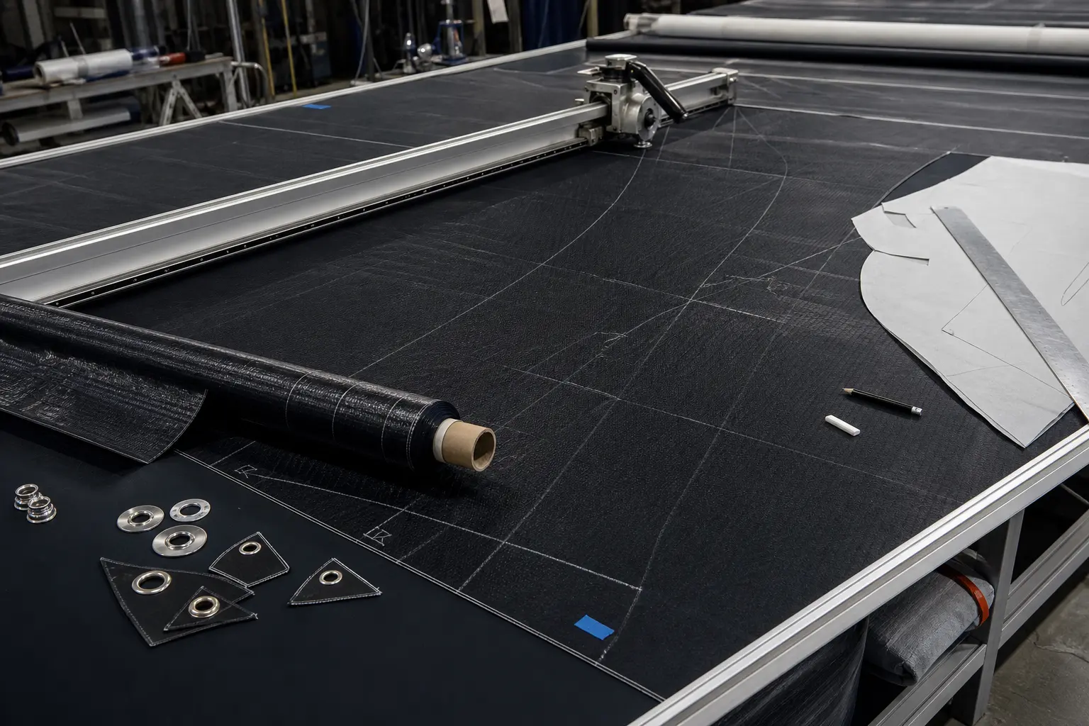 Sailcloth laid out on the loft cutting table