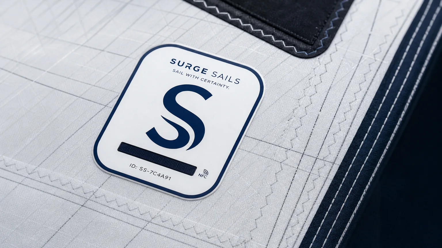 The SurgeSails identity label stitched onto a finished sail