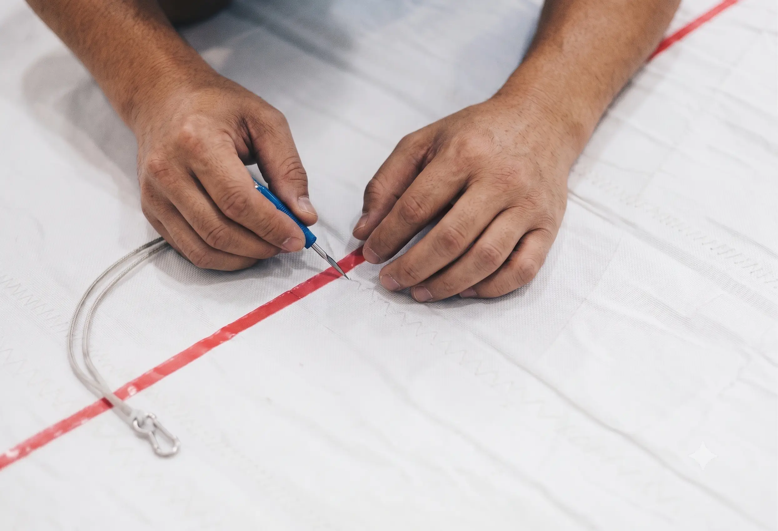 Sailmaker marking and inspecting cloth during construction