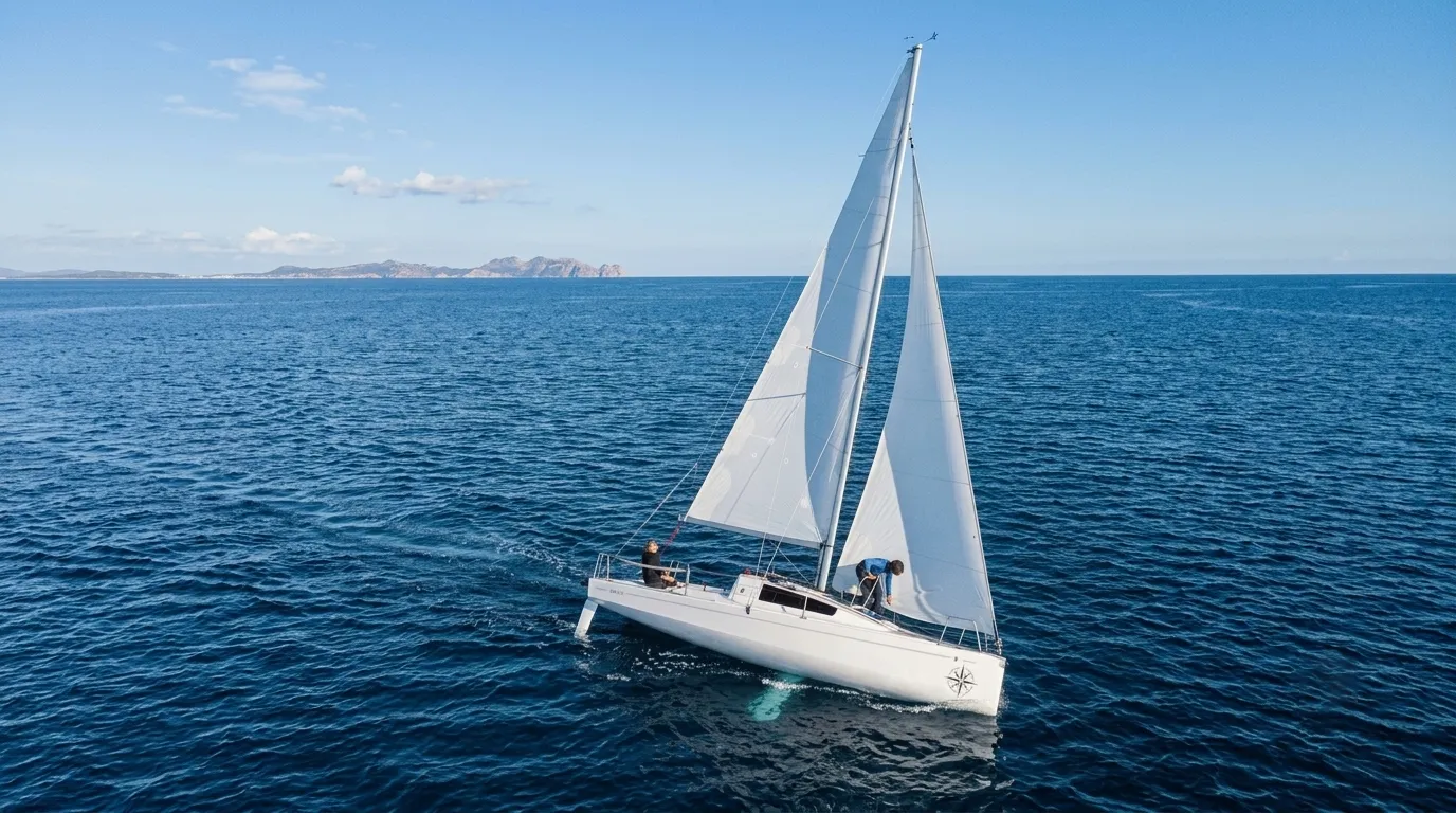 A cruising yacht sailing across open blue water